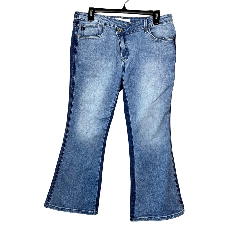 KanCan Two-Tone Asymmetrical Crossover Waist Flare Jeans FL1996YT-A Blue Size 8